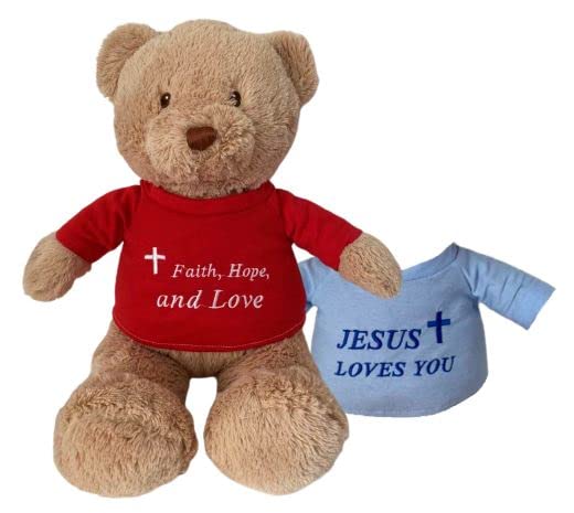 Gracewaters Christian Teddy Bear with 2 Religious Shirts Jesus Loves You, Faith Hope Love, Any Religion, Soft Plush Toy 18 Inch, No-Choke Nose and Eyes