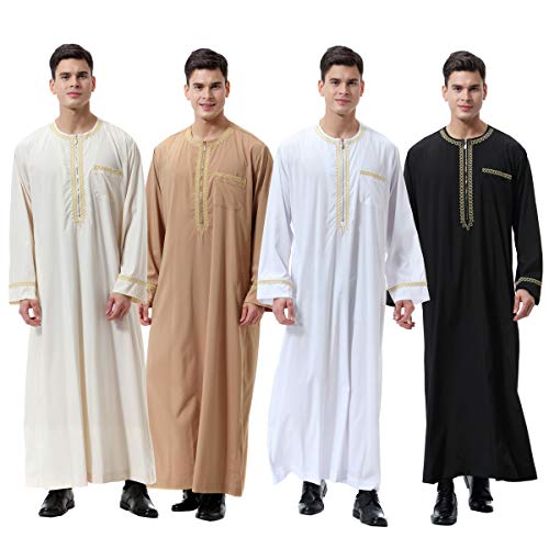 Lenmipot Men's Muslim Clothes Durable Kaftan Robe Dubai Long Gown Ethnic Clothes,1pc Soft Robe - color: A Light Tan, size: Large