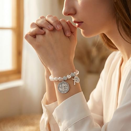 2 Pack San Benito Bracelet for Women, Silver Tone Saint Benedict Medal Stretch Rosary Beads (Zinc Alloy), Catholic Religious Protection Jewelry Gift, Small Size 4.6cm Elastic