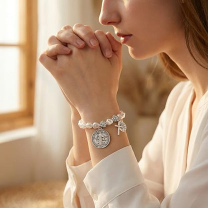 2 Pack San Benito Bracelet for Women, Silver Tone Saint Benedict Medal Stretch Rosary Beads (Zinc Alloy), Catholic Religious Protection Jewelry Gift, Small Size 4.6cm Elastic