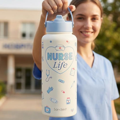 SANDJEST Nurse Water Bottle Stainless Steel 32oz with Lid & Straw, Nurse Life Insulated Bottles Gifts for Women Medical Students Friends Birthday Christmas Nurse Week - color: Nurse 3
