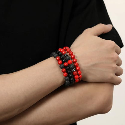 Mens Beaded Bracelets, 8MM Beaded Bracelets for Men, Natural Tiger Eye Bead Bracelet, Stretch Elastic Beads Bracelets for Men - color: 4 black red turquoise volcanic