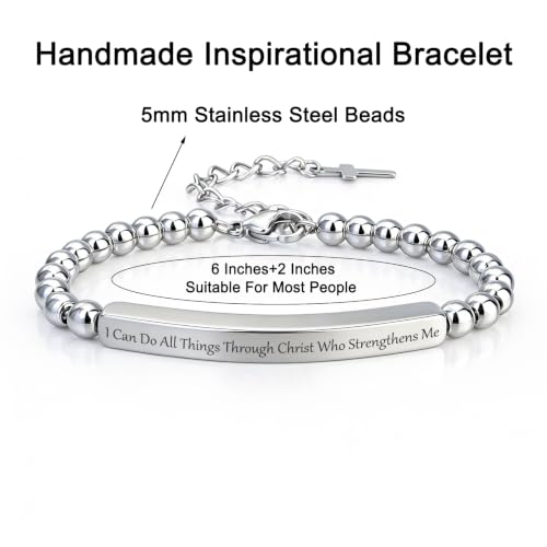 Inspirational Christian Bracelet for Women, Stainless Steel Beaded Cross Jewelry with Bible Verse, Religious Faith Gift for Mom, Daughter, Sister, Friend - color: I can do all things through Christ who strengthens me-Silver Bead