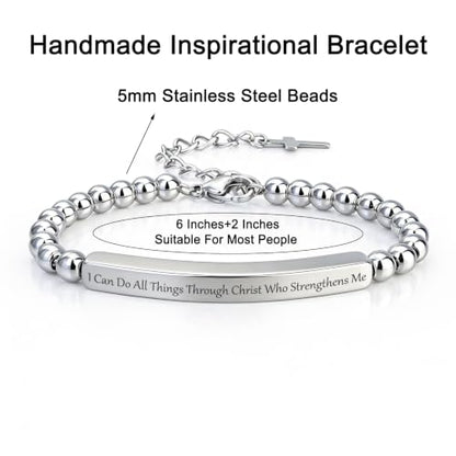 Inspirational Christian Bracelet for Women, Stainless Steel Beaded Cross Jewelry with Bible Verse, Religious Faith Gift for Mom, Daughter, Sister, Friend - color: I can do all things through Christ who strengthens me-Silver Bead