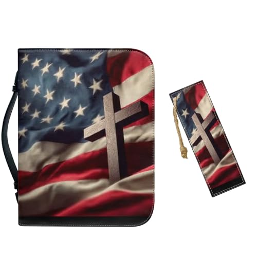 Medium Bible Cover Case for Women Men American Flag and Cross PU Leather Bible Case with Bookmark Church Bag Book Carrying Case Bible Cover for Women Men Bible Case for Men Women - color: American Flag and Cross, size: Medium