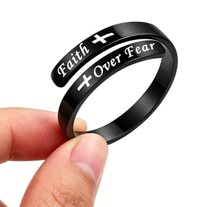 Faith Over Fear Cross Inspirational Rings for Women Daughter, Christian Blessed Hope Love Encouragement Rings Adjustable Open Tiny Purity Wrap Thumb Cross Ring Jewelry Graduation Cocktail Party - color: Black