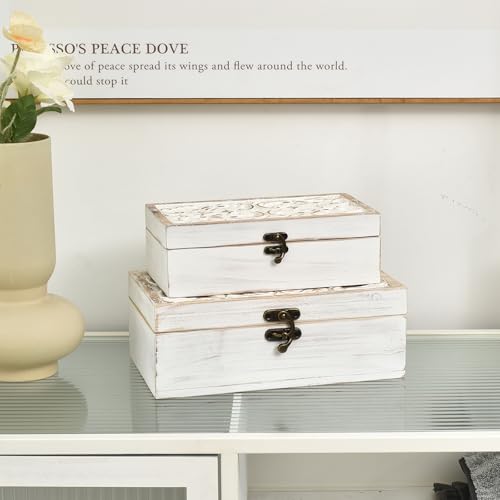 White Wooden Storage Box Set of 2,Distressed White-Washed Decorative Boxes - color: White, size: S&M