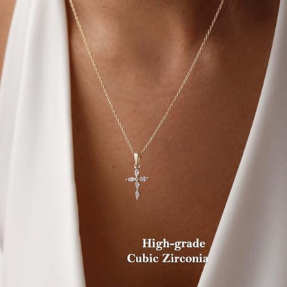 Cross Necklace for Women, Dainty 14K Gold Plated CZ Pendant - color: Gold-marquise cz cross