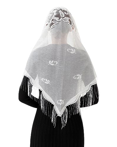 PAMOR Triangle Catholic Church Veil Chapel Veil Scarf Mantilla Veils Wrap Shawl Mass Head Covering with Fringe Trim - color: White