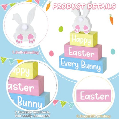 4 Pcs Easter Table Decoration Happy Easter Every Bunny Wooden Block Sign Pastel Bunny Centerpiece Spring Wood Blocks Tiered Tray Decor for Home Kitchen Tabletop Display - style: Bunny