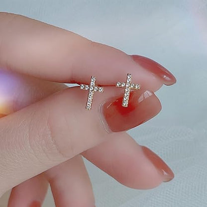 Small Gold Cross Earrings for Women Rhinestone Cross Stud Earrings Trendy Jewelry Gift - color: B: rhinestone gold cross earrings