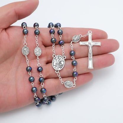 KOMI 6mm Glass Pearl Rosary Beads Catholic for Women with Metal Rosary Box Religious Gifts - style: St Michael-black