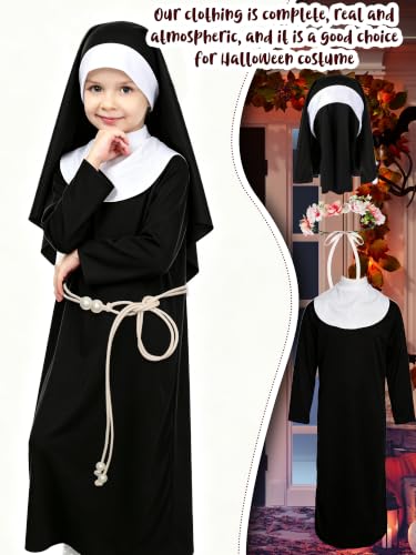 8 Pcs Halloween kids Nun Costume Set with Nun Outfit Hat Belt Gloves Socks Cross Necklace Book and Rose Wreath St Rose of Lima Halloween Nun Outfit for Girls