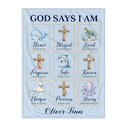 Personalized God Says I Am Ocean Baby Blanket, Christian Baby Blanket - color: Blue #2