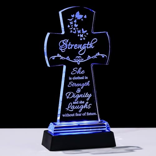 Qianwei Crystal Cross Strength Inspirational Gift - Religious Catholic Baptism Communion Confirmation Gift for Women Sister - color: Cross Strength-led
