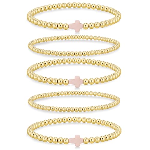 Yoosteel Gold Beaded Bracelets for Women Teen Girls, Gold Plated Jewelry - color: Bead (3/5mm)+ Cross - 5pcs