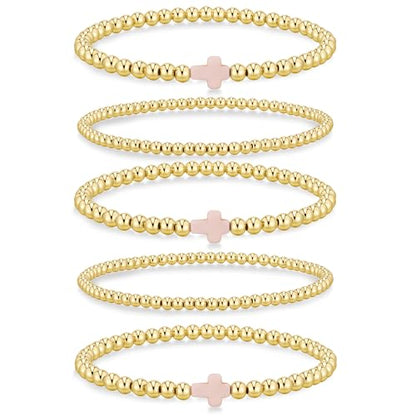 Yoosteel Gold Beaded Bracelets for Women Teen Girls, Gold Plated Jewelry - color: Bead (3/5mm)+ Cross - 5pcs