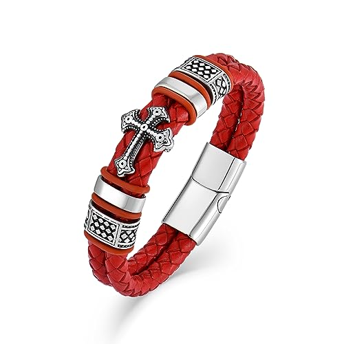 Mens Christian Cross Double Row Leather Bracelet, Religious Braided Cuff Bracelet for Men - color: Red, size: 8.5 inches