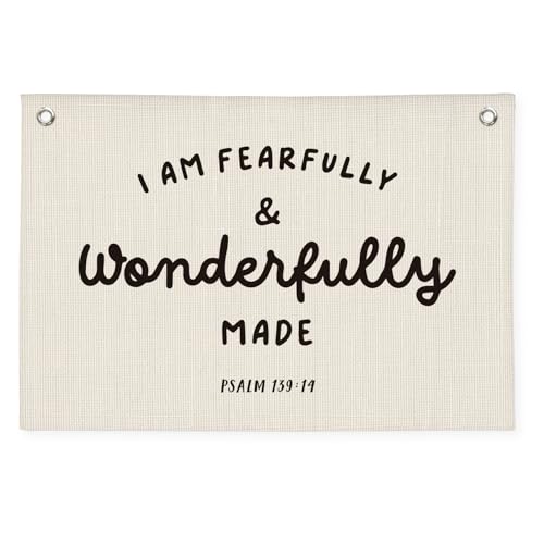 Kids Room Decor - Bible Verse Wall Hanging, 'I am Fearfully and Wonderfully Made' Linen Banner, Canvas Decoration for Classroom, Nursery, Kids Room - color: Psalm 139:14