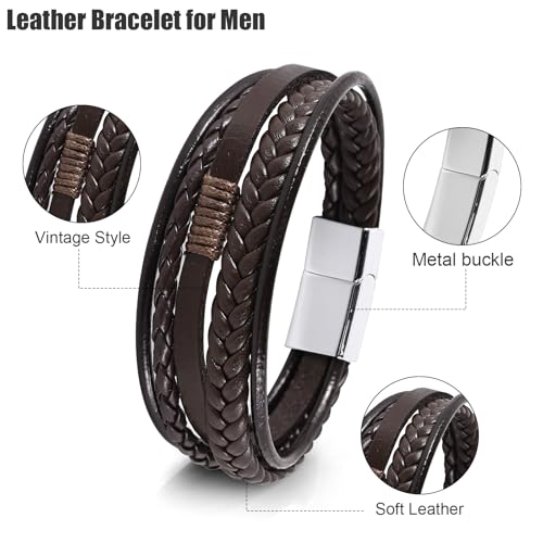 Leather Bracelet for Men Braided Stainless Steel Mens Bracelets - color: Brown-SilverBuckle