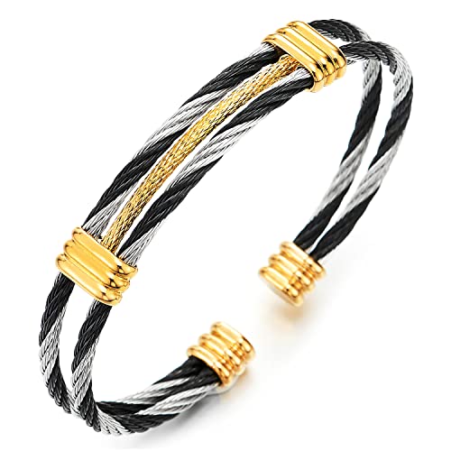 Men Women Stainless Steel Twisted Cable Adjustable Cuff Bangle Bracelet - color: I-Metal Color: Black & Silver & Gold