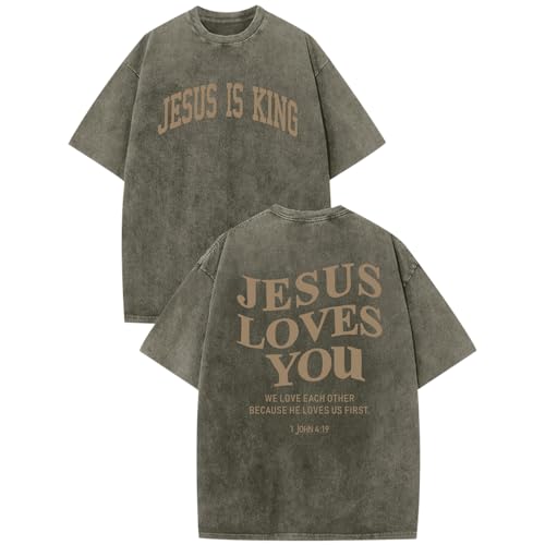 Mens Christian Shirts Jesus is King Love You Tshirt God Faith Religious Bible Verse Oversized Acid Wash Graphic Tees - color: Army Green, size: Large