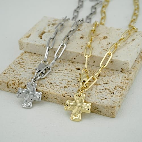 Chunky Cross Necklace for Women, 14K Gold Silver Pendant Necklace - color: White Gold-Lobster Clasp-1 inch pendant