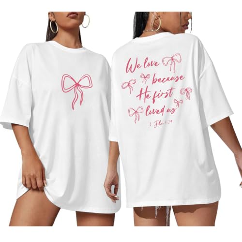 Christian Faith Bow Shirts for Women Cute Coquette Shirt Jesus Religious Tshirts Bible Verse Oversized Graphic Tee - color: White, size: Large