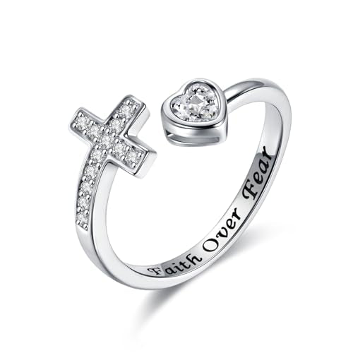 APOTIE 925 Sterling Silver Cross Ring - True Love Wait Purity Ring Cubic Zirconia Adjustable Ring Jewelry Gift for Women - style: Faith Over Fear