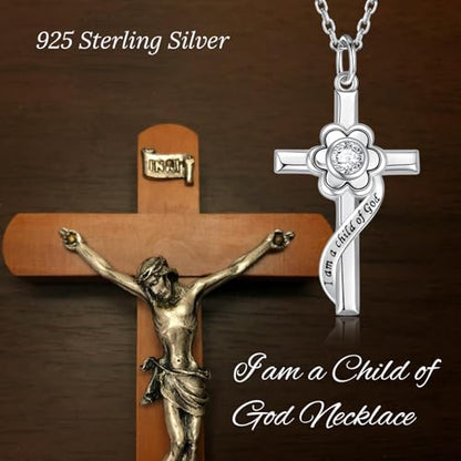 I am a Child of God Necklace - 925 Sterling Silver Birthstone Flower Cross Pendant Religious Jewelry Baptism First Communion Confirmation Gifts for Girls - style: Apr.