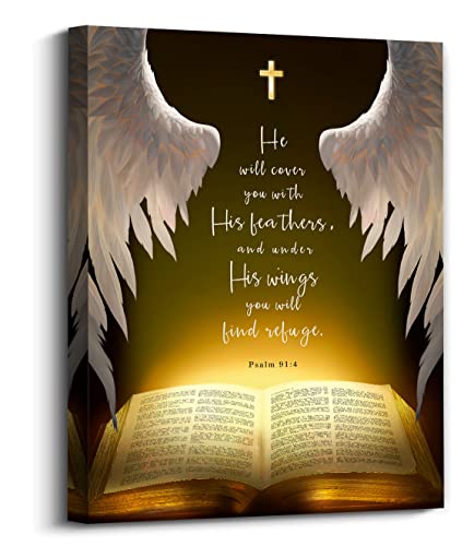 Psalms 91:4 Wall Art Canvas Prints， He Will Cover You With His Feathers，Bible Verse with Christian Sayings Decor, suitable for offices,Church, Home Wall Decor ，Tabletop/Hanging(29x38cm) framed - color: Bible7
