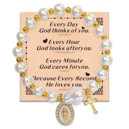 Virgin Mary Cross Bracelet with Miraculous Medal & Crucifix Charm - color: white pearl
