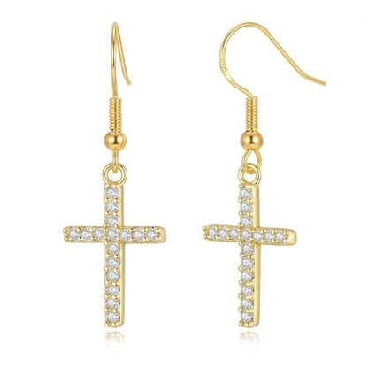 Cross Earrings for Women with 925 Sterling Silver Hooks for Sensitive Ears - color: Gold Tone, CZ