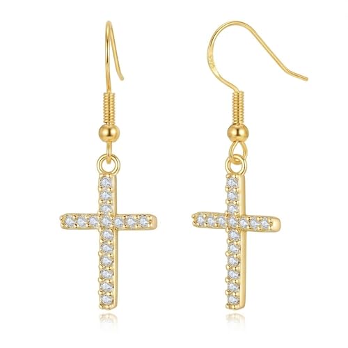 Cross Earrings for Women with 925 Sterling Silver Hooks for Sensitive Ears - color: Gold Tone, CZ