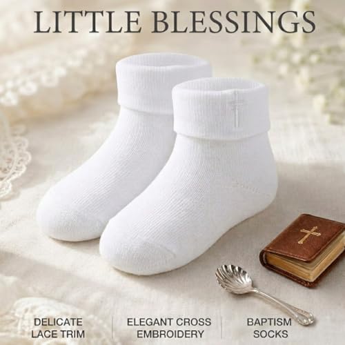 Baptism Socks for Baby Girls - White Newborn Christening Socks With Cross & Eyelet Frilly Lace - color: Gold