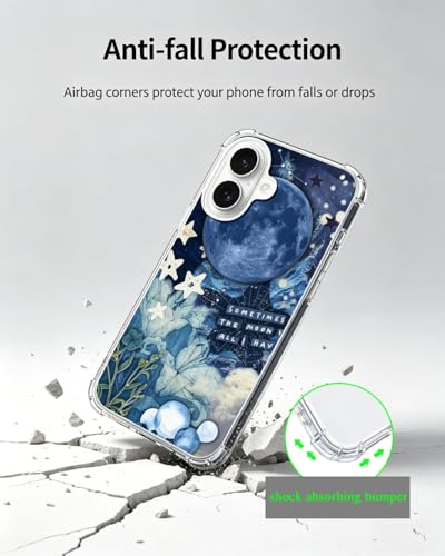 Blue Moon Sky Stars Aesthetic Phone Case Compatible with iPhone 17, Celestial Flowers Phone Cover for iPhone 17 - color: Blue Moon Sky