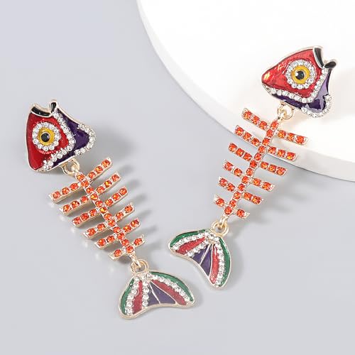 Fish Bone Earrings Drip Oil Animal Earrings Colorful Crystal Sparkly Enamel Earrings Creative Long Fishbone Earstud Dangle Fish Drop Earrings Jewelry for Women - color: Red-1
