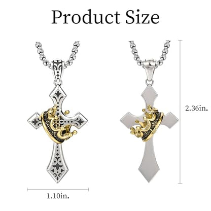 Elegant Cross Necklace for Men， Cross Pendant Necklace– Stainless Steel Chain with Detachable Crown Pendant