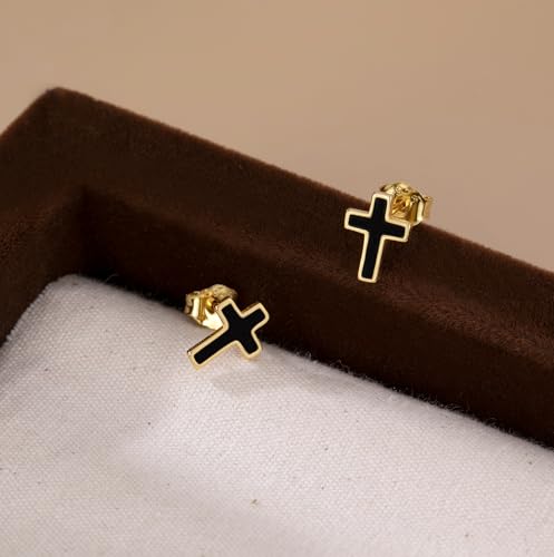 Reffeer Solid 925 Sterling Silver Cross Stud Earrings for Women Teen Small Black Cross Earrings Studs - color: B-Yellow