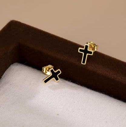 Reffeer Solid 925 Sterling Silver Cross Stud Earrings for Women Teen Small Black Cross Earrings Studs - color: B-Yellow