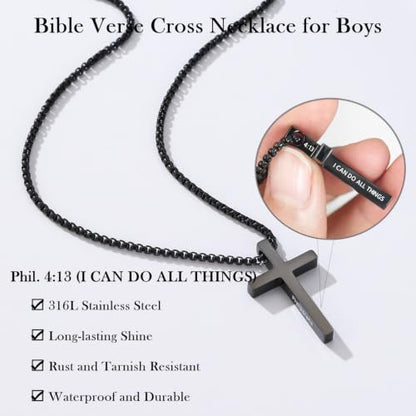Small Cross Necklace for Boys Baptism Christmas Confirmation Valentines Easter Birthday Gifts to Teens Son Grandson Nephew - color: black, style: Nephew-1