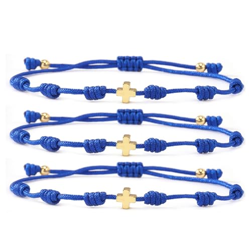 7 Knots Protection Good Luck Red String Rope Gold Cross Bracelet for Women Men, 3Pcs stack Evil Eye Handmade Amulet Adjustable Jewelry, God Christ Pray Friendship Gift - color: Blue Cross