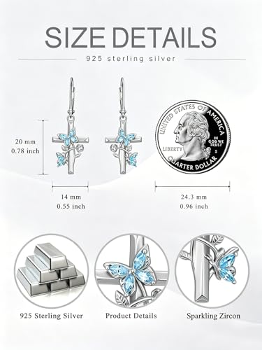 Butterfly Earrings for Women 925 Sterling Silver Birthstone Butterfly Cross Rose Dangle Earrings Elegant Butterfly's Jewelry Gift for Birthday Valentines Day Christmas - color: 3-March