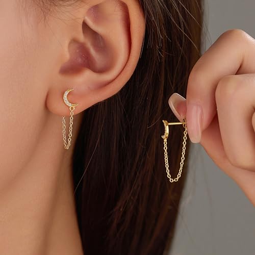 925 Sterling Silver CZ Moon Cross Heart Teardrop Chain Earrings for Women - color: Moon--Gold