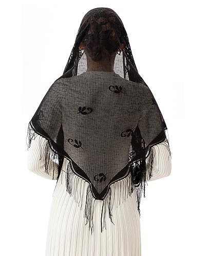 PAMOR Triangle Catholic Church Veil Chapel Veil Scarf Mantilla Veils Wrap Shawl Mass Head Covering with Fringe Trim - color: Black