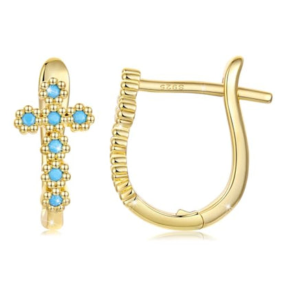 Turquoise Cross Hoop Earrings for Women 14K Gold Plated Infinity Angel Feather Pearl Turquoise Cross Star Hypoallergenic Post Christan Everyday Huggie Jewelry Gift - color: Gold Cross