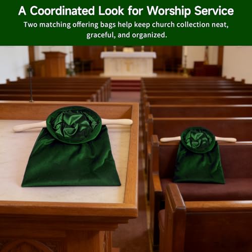 2 Pack Church Offering Bags with Wooden Handles, Deep Green Velvet Tithe Collection Bags with Neat Open Shape, Lined Interior, for Worship Service, Church Giving, Tithes and Donation Collection