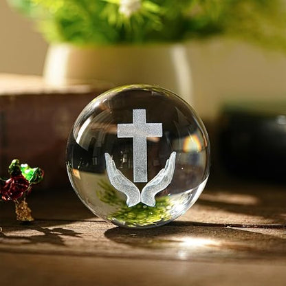 3D Cross Crystal Ball Religious Gift with Stand Christian Decor 2.3in - style: Praying Hands and Cross