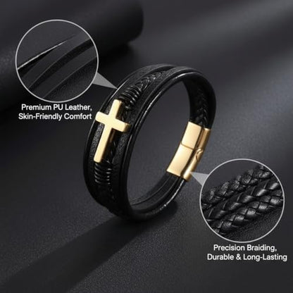 Stainless Steel Braided Leather Bracelet for Men Cuff Bangle Cross - color: 1-gold