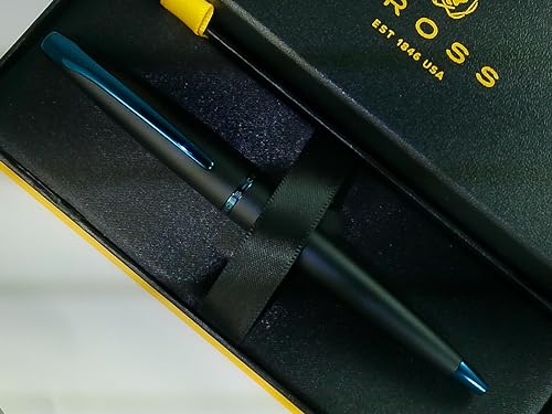 Cross ATX Refillable Special Edition Basalt black Ballpoint Pen signature blue PVD clip, finial, and center band - color: Blue/Black